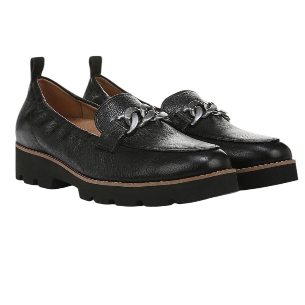 Vionic Black Loafers with Metallic Chain Accent